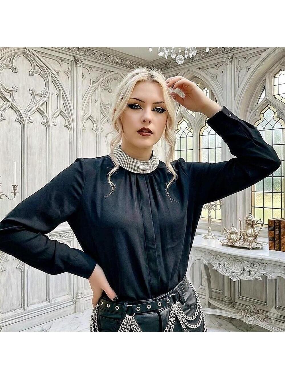 Vintage Indi Y2K Goth Black silky High Neck Pearl Embellished Blouse 000012